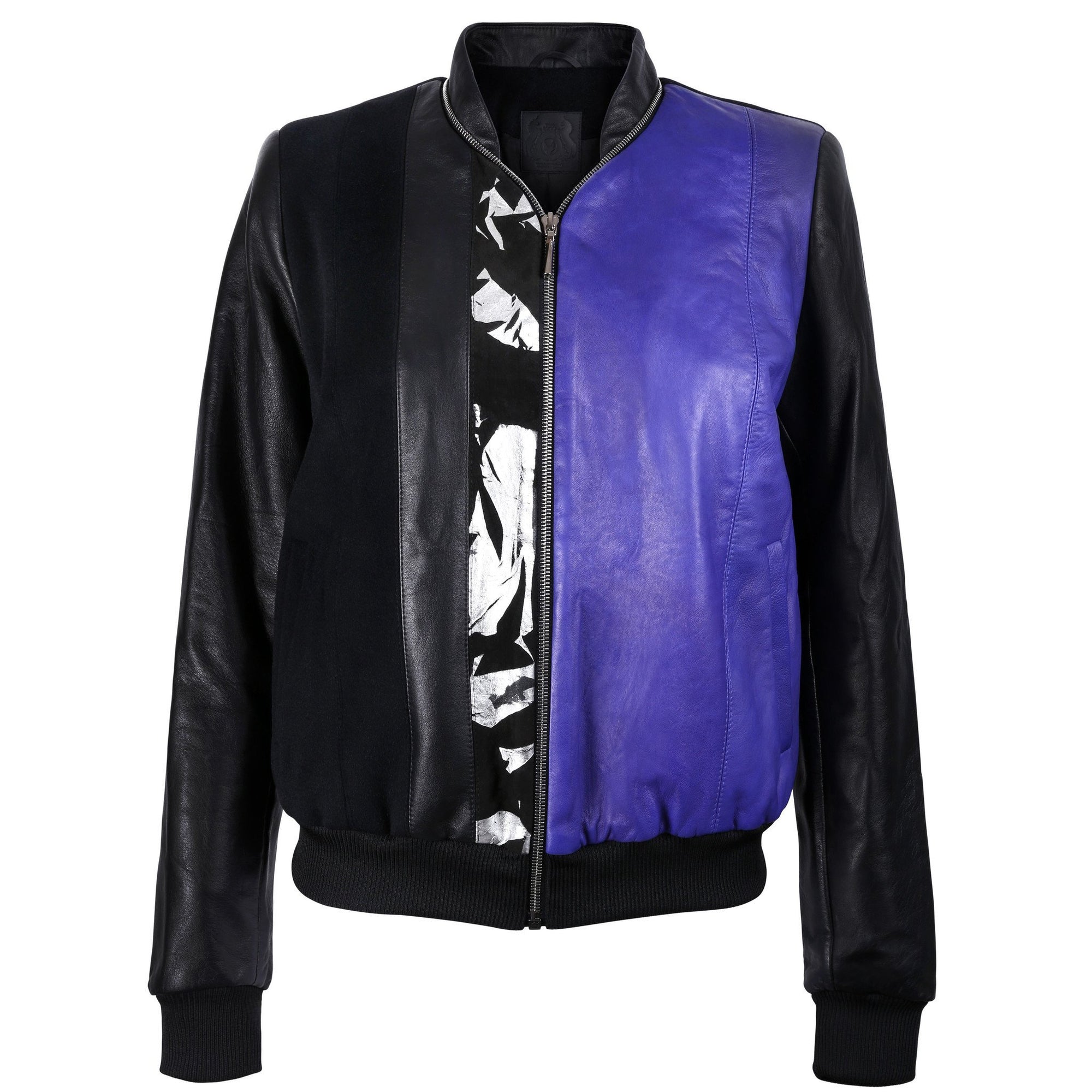Black and Purple Leather Bomber Jacket with Silver Print Motif - VOLS & ORIGINAL