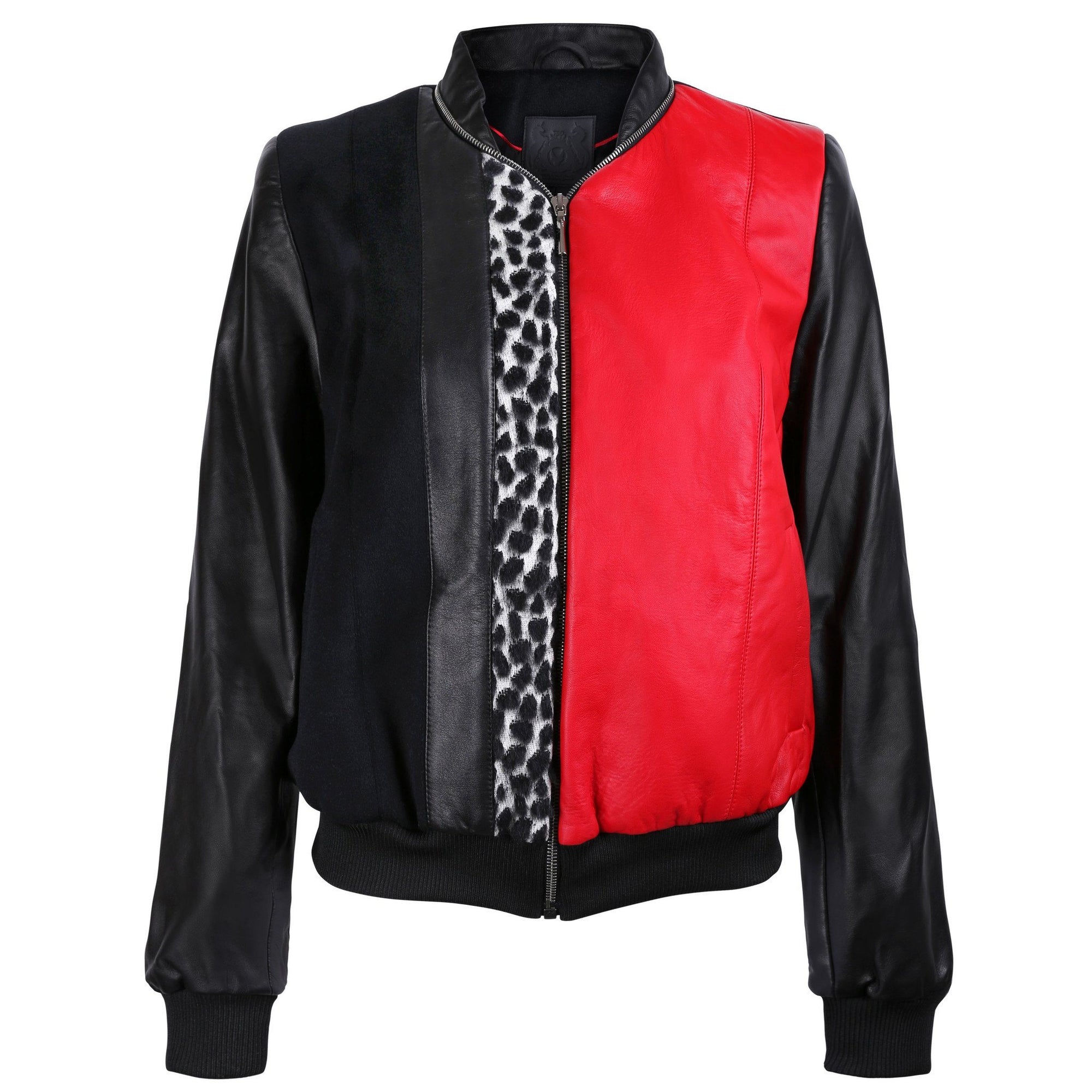 Black and Red Leather Bomber Jacket with Leopard Print Motif - VOLS & ORIGINAL