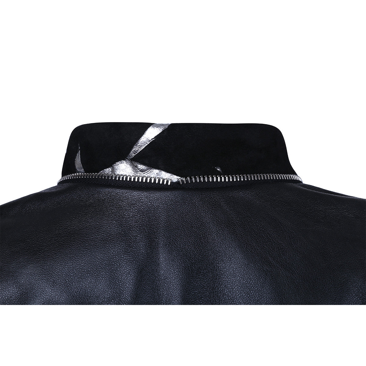 Black Suede Leather Bomber Jacket with Metallic Print Motif - VOLS &amp; ORIGINAL