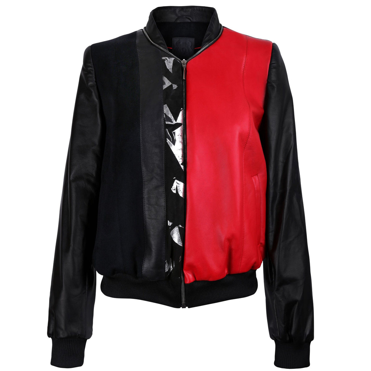 Black and Red Leather Bomber Jacket with Silver Print Motif - VOLS &amp; ORIGINAL