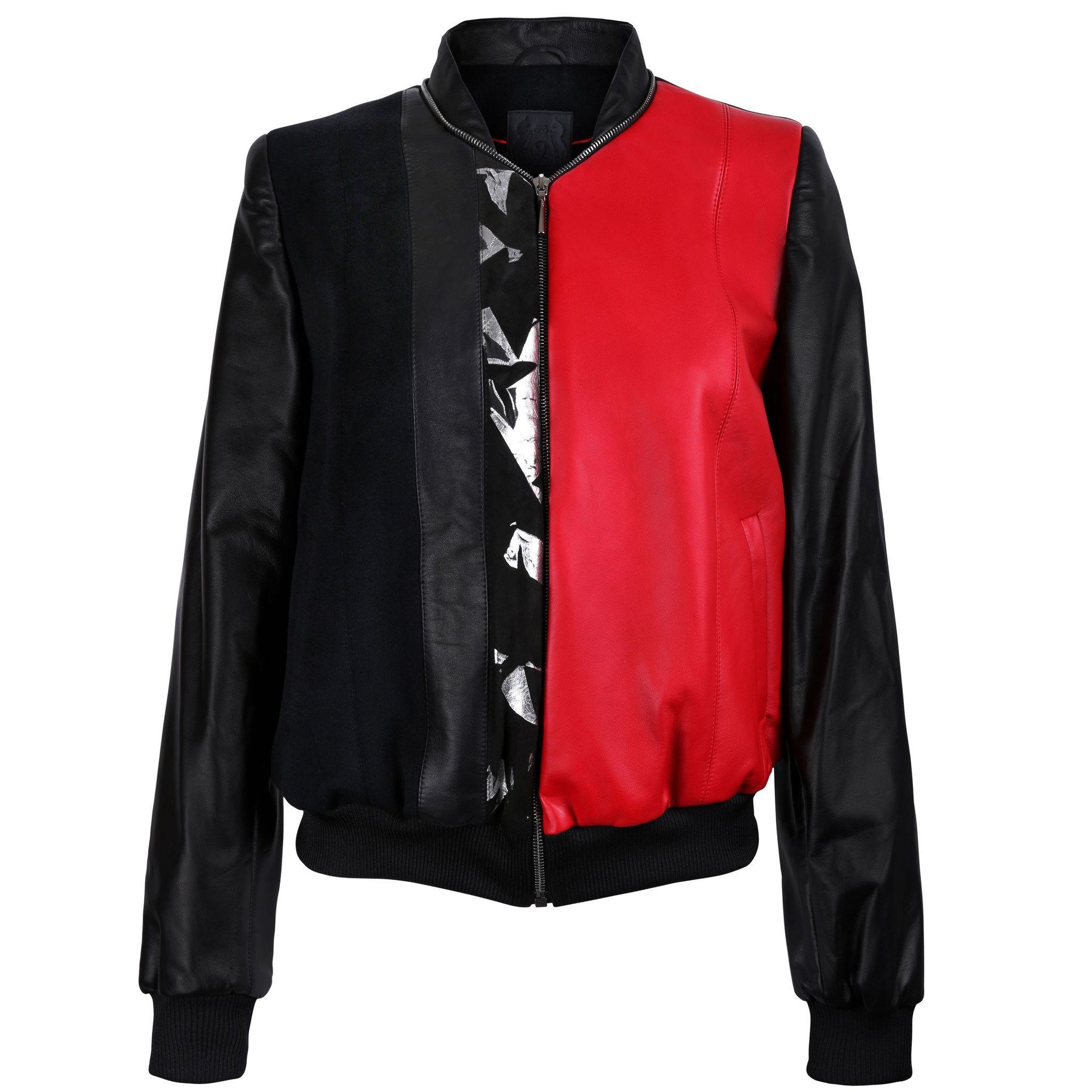 Black and Red Leather Bomber Jacket with Silver Print Motif - VOLS & ORIGINAL