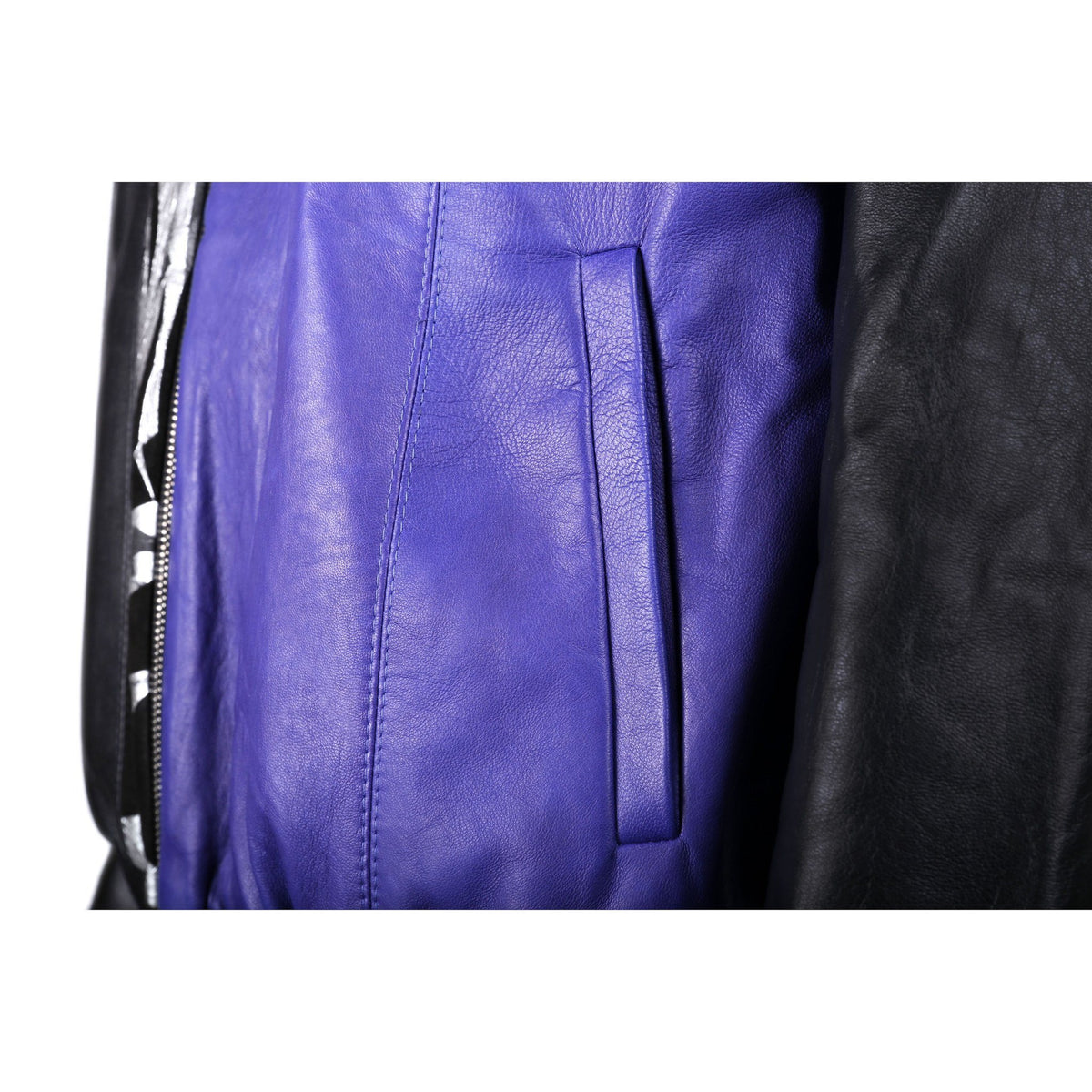 Black and Purple Leather Bomber Jacket with Silver Print Motif - VOLS &amp; ORIGINAL