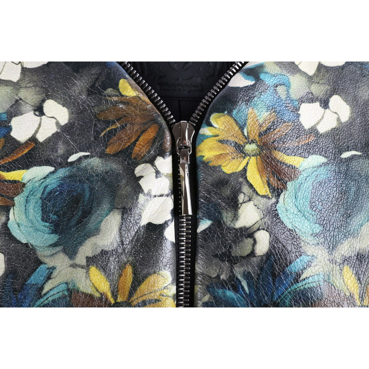 Floral Print Black Leather Bomber Jacket - VOLS &amp; ORIGINAL