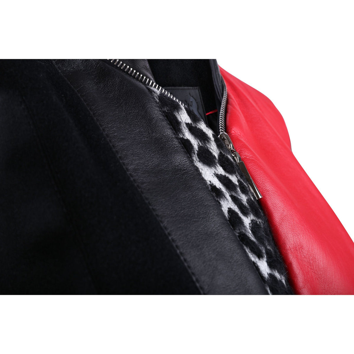 Black and Red Leather Bomber Jacket with Leopard Print Motif - VOLS &amp; ORIGINAL